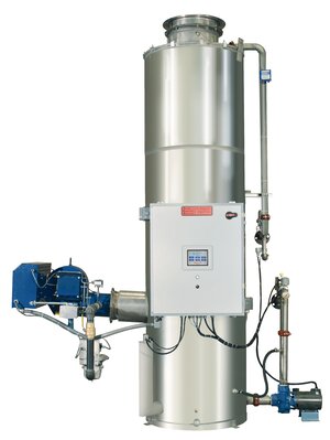 Large industrial stainless steel vertical tank with pump unit